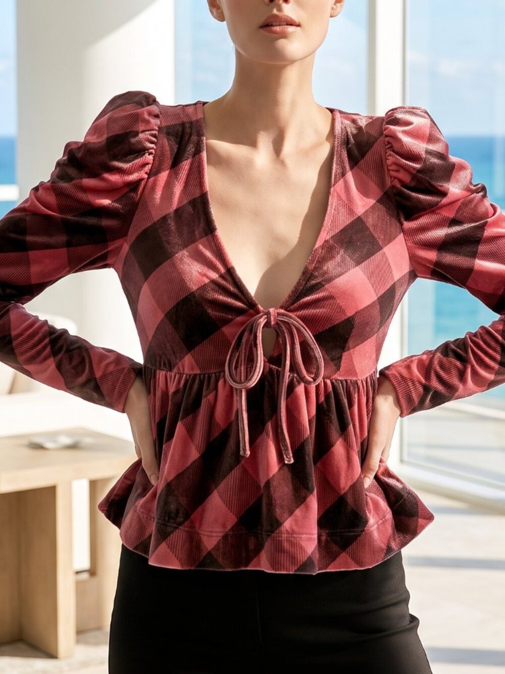 NWT ANTHROPOLOGIE MAEVE velvet babydoll top pink plaid S